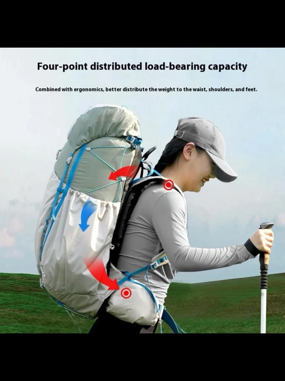 Lightweight Hiking Backpack in Light Gray with Blue Accents
